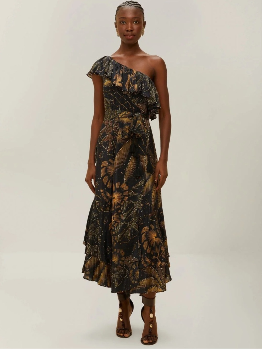 Farm Rio Black Golden Foliage One-Shoulder Maxi Dress Ruffle Silky w Rhinestones